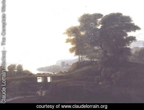 Landscape with cattle and goats crossing a bridge