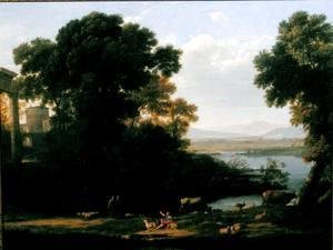 Classical river scene with a view of a town