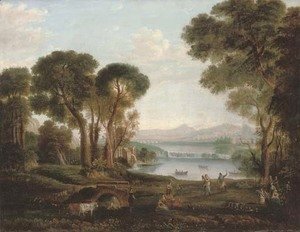 An Italianate river landscape with figures dancing and making music on a bank, a town beyond