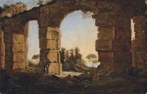 An Italianate evening landscape with a shepherd and his flock by a ruined aqueduct