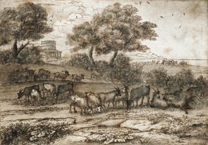 An extensive Mediterranean landscape with a tower and a herd of goats