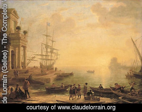 Claude Lorrain (Gellee) - A capriccio of an Italianate harbour at sunset, with merchants, fishermen and stevedores on the shore in the foreground, men-o'-war at a quay beyond