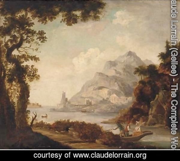 Claude Lorrain (Gellee) - Figures in a boat before classical ruins, in a Mediterranean harbour