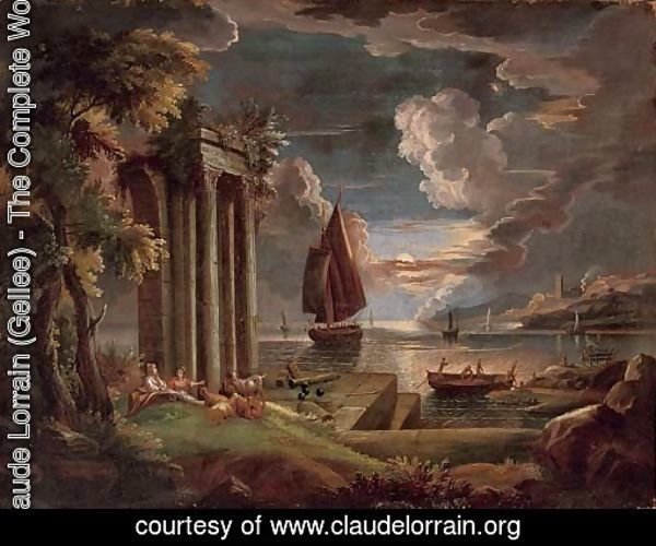 A Mediterranean coastal landscape at twilight with shepherdesses and their goats at rest by classical ruins, shipping beyond