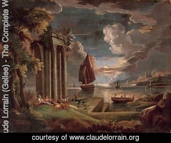 Claude Lorrain (Gellee) - A Mediterranean coastal landscape at twilight with shepherdesses and their goats at rest by classical ruins, shipping beyond