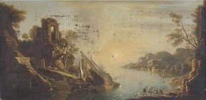A capriccio of a Mediterranean  coastal inlet with shipping and fisherman pulling in the catch
