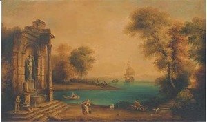 A coastal landscape with shipping and figures by a classical fountain