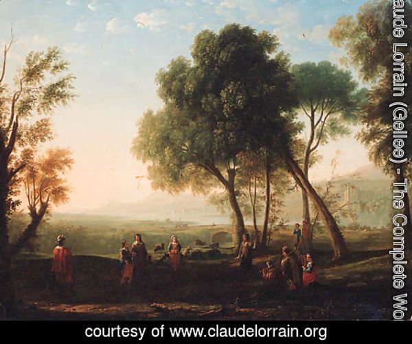 An Italianate river landscape with figures dancing in a glade