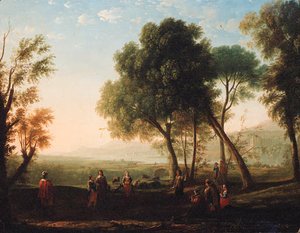 An Italianate river landscape with figures dancing in a glade