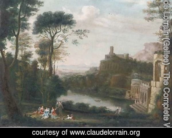 Claude Lorrain (Gellee) - A classical landscape with figures above a lake
