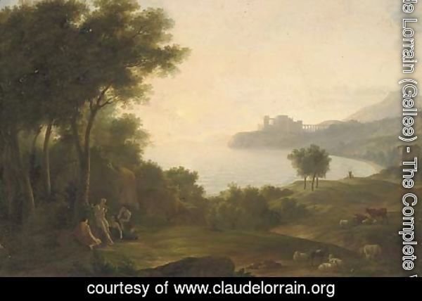 A Mediterranean coastal inlet with classical figures playing music, a fortress in the distance