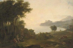 Claude Lorrain (Gellee) - A Mediterranean coastal inlet with classical figures playing music, a fortress in the distance