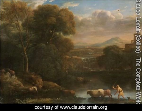 An Italianate Landscape With A Drover And His Dog Driving His Cattle Across A Ford, A Waterfall Beyond
