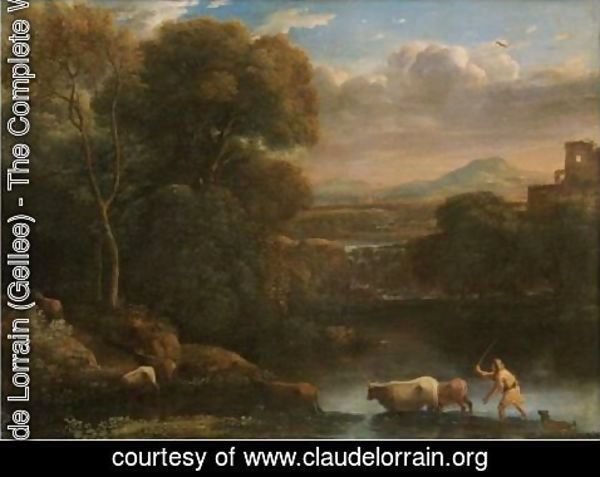 Claude Lorrain (Gellee) - An Italianate Landscape With A Drover And His Dog Driving His Cattle Across A Ford, A Waterfall Beyond