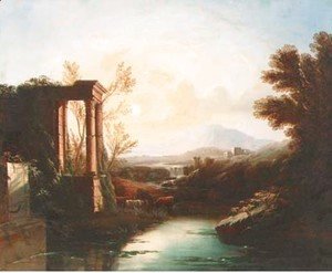 Claude Lorrain (Gellee) - An Italianate landscape with a shepherd and cattle by classical ruins