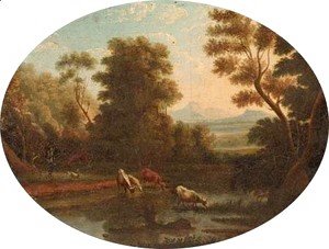 A Landscape with cattle at a river