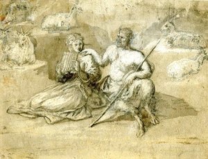 Claude Lorrain (Gellee) - Drawing of a satyr, a girl and goats
