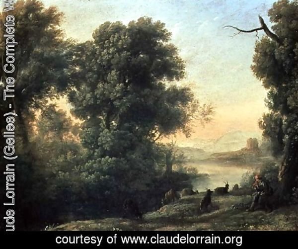 Claude Lorrain (Gellee) - River landscape with Goatherd Piping
