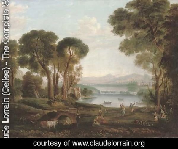 Claude Lorrain (Gellee) - An Italianate river landscape with figures dancing and making music on a bank, a town beyond