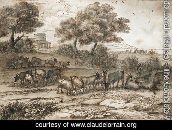 An extensive Mediterranean landscape with a tower and a herd of goats