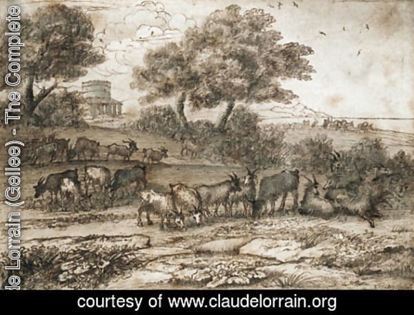 Claude Lorrain (Gellee) - An extensive Mediterranean landscape with a tower and a herd of goats