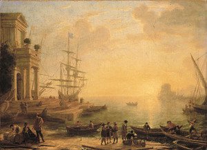 A capriccio of an Italianate harbour at sunset, with merchants, fishermen and stevedores on the shore in the foreground, men-o'-war at a quay beyond