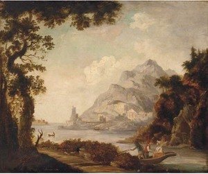 Claude Lorrain (Gellee) - Figures in a boat before classical ruins, in a Mediterranean harbour