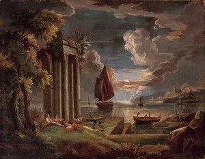 A Mediterranean coastal landscape at twilight with shepherdesses and their goats at rest by classical ruins, shipping beyond