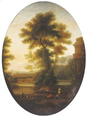 Claude Lorrain (Gellee) - A classical landscape with wine makers and other figures by ruins, in a feigned oval
