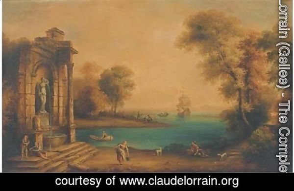 Claude Lorrain (Gellee) - A coastal landscape with shipping and figures by a classical fountain