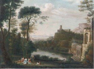 A classical landscape with figures above a lake