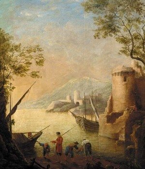Claude Lorrain (Gellee) - A harbour at sunset with fishermen by the shore