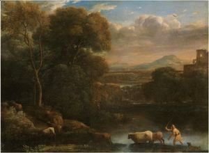An Italianate Landscape With A Drover And His Dog Driving His Cattle Across A Ford, A Waterfall Beyond