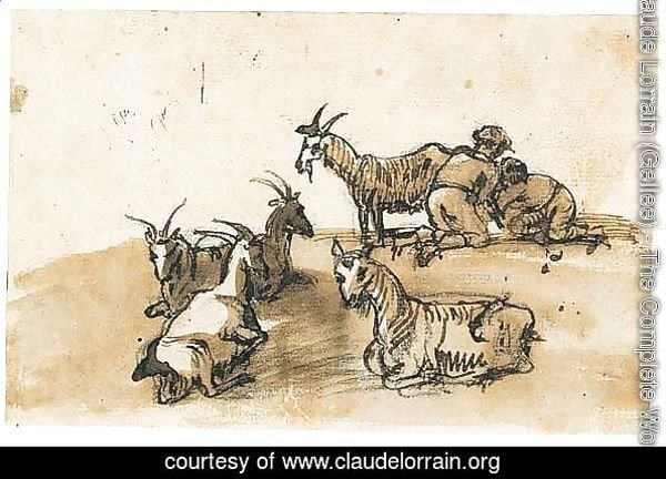 Two figures milking a goat