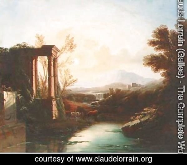 Claude Lorrain (Gellee) - An Italianate landscape with a shepherd and cattle by classical ruins