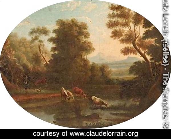 A Landscape with cattle at a river