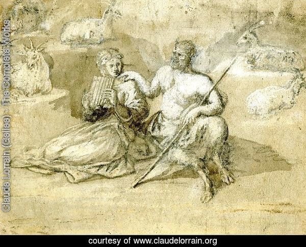 Drawing of a satyr, a girl and goats